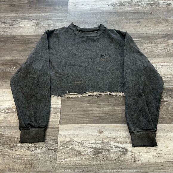 Vintage Y2K Nike Charcoal‎ Gray Womens L Cut Off Cropped Mini Swoosh Sweatshirt - Picture 1 of 9